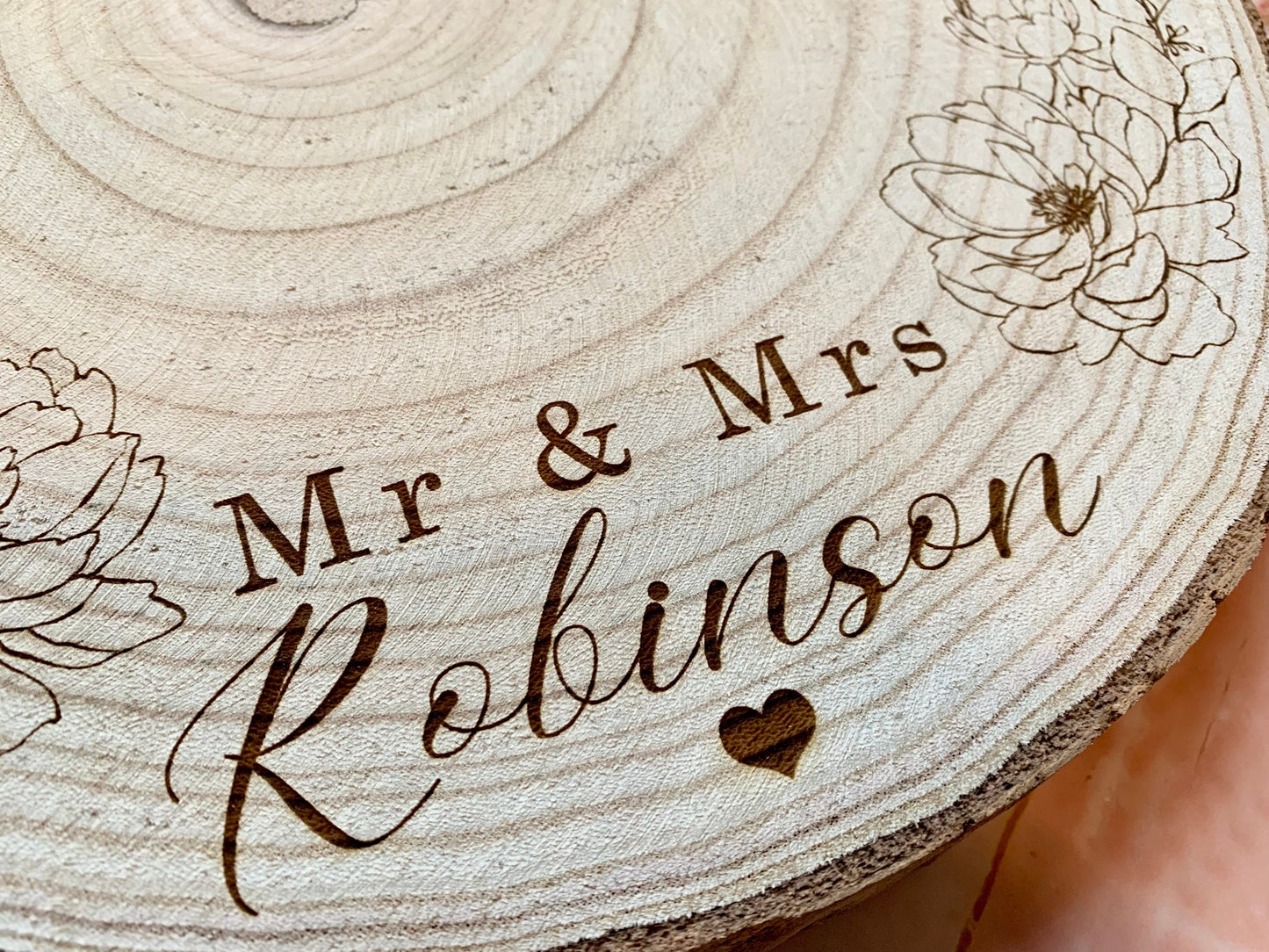 Personalised Engraved Wood Slice, Wedding Cake Display Board with Peonies - Resplendent Aurora