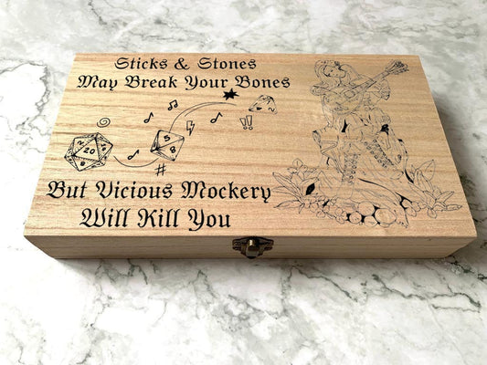 Personalised Engraved DnD Dungeons and Dragons Bard Dice Box, Vicious Mockery, Sticks an Stones May Break your Bones - Resplendent Aurora