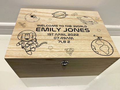 Large Personalised Engraved Wooden Baby Outer Space Keepsake Memory Box with Astronauts, Animals, Stars, Planets, Rockets - Resplendent Aurora