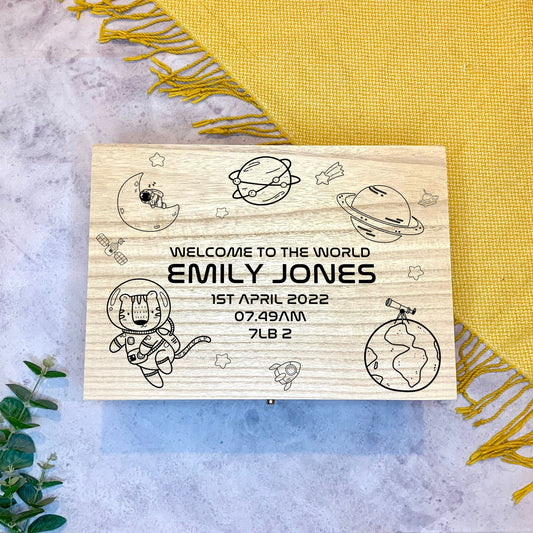 Large Personalised Engraved Wooden Baby Space Keepsake Memory Box with Astronauts, Animals, Stars, Planets, Rockets - Resplendent Aurora