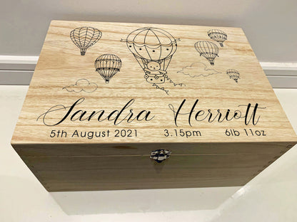 Large Personalised Engraved Wooden Baby Keepsake Memory Box with Hot Air Balloons - Resplendent Aurora