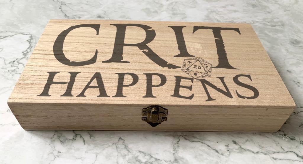 Personalised Engraved DnD Dungeons and Dragons Crit Happens Dice Box, Critical Hit Dice Box - Resplendent Aurora