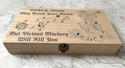 Personalised Engraved DnD Dungeons and Dragons Bard Dice Box, Vicious Mockery, Sticks an Stones May Break your Bones - Resplendent Aurora