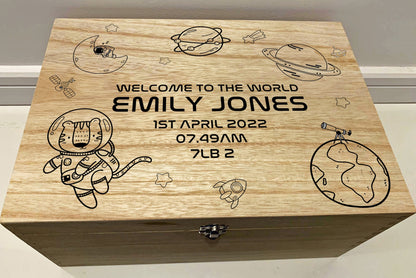 Large Personalised Engraved Wooden Baby Space Keepsake Memory Box with Astronauts, Animals, Stars, Planets, Rockets - Resplendent Aurora