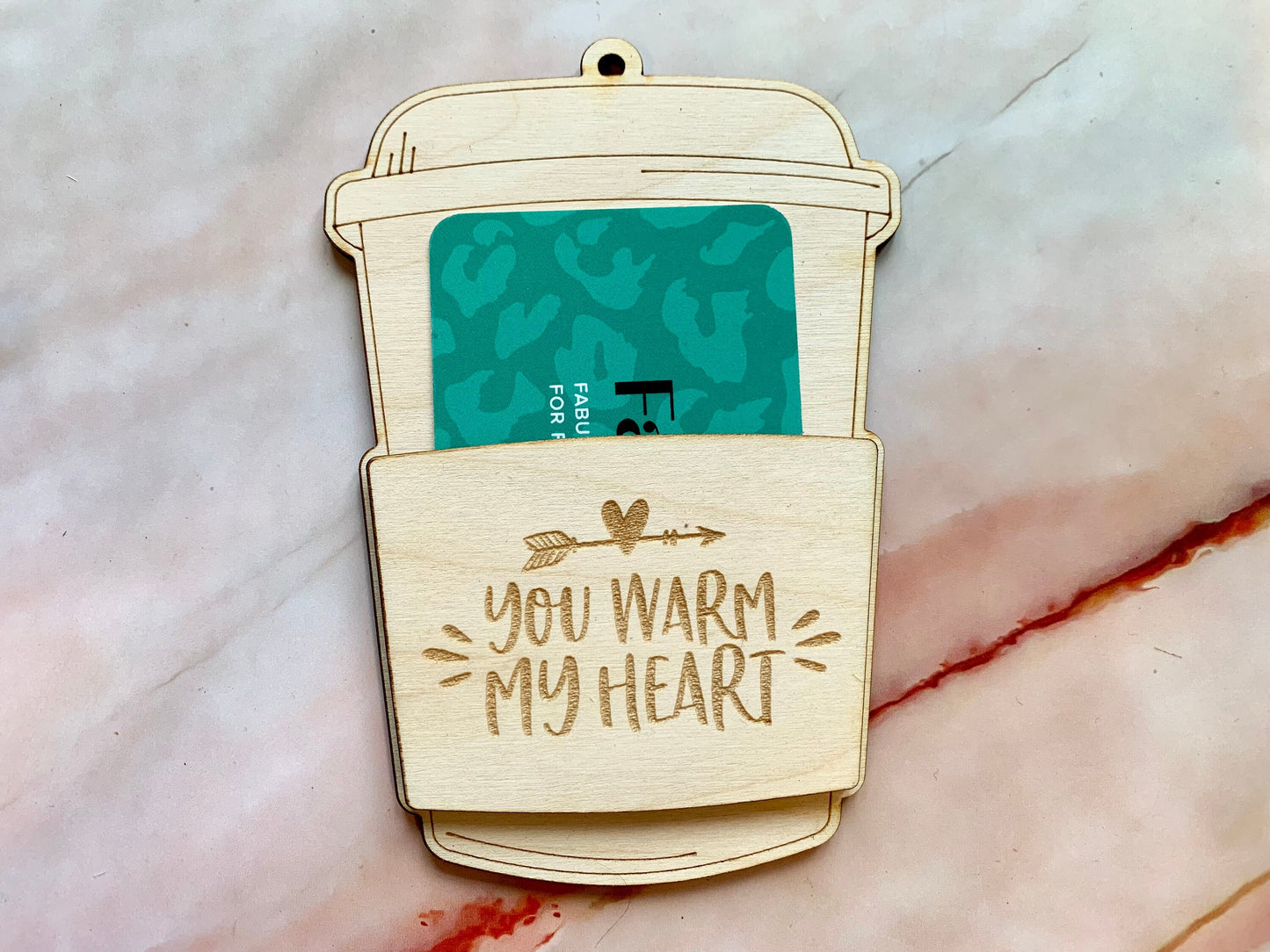 Personalised Engraved Valentines Gift Card Holder, Coffee Gift Card Holder with Hearts and Coffee Phrases - Resplendent Aurora
