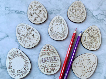 Resplendent Aurora | Engraved Wooden Easter Egg Tokens, Colour In Tokens, Easter Egg Hunt Tokens, set of 8