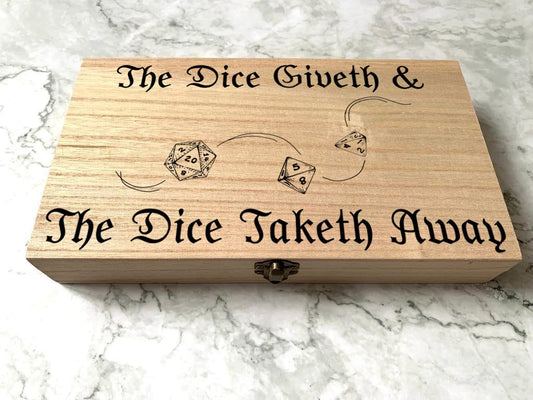 Personalised Engraved DnD Dungeons and Dragons Dice Box, The Dice Giveth and the Dice Taketh Away - Resplendent Aurora