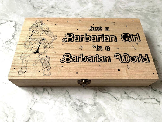 Personalised Engraved DnD Dungeons and Dragons Barbarian Dice Box, Just a Barbarian Girl, in a Barbarian World, Pink Barbarian, Girl Power - Resplendent Aurora