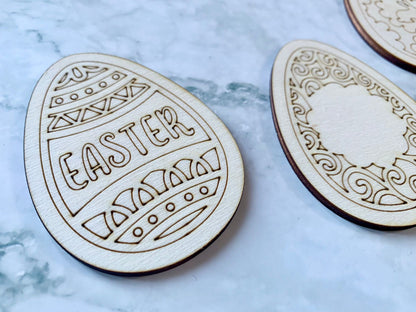 Resplendent Aurora | Engraved Wooden Easter Egg Tokens, Colour In Tokens, Easter Egg Hunt Tokens, set of 8