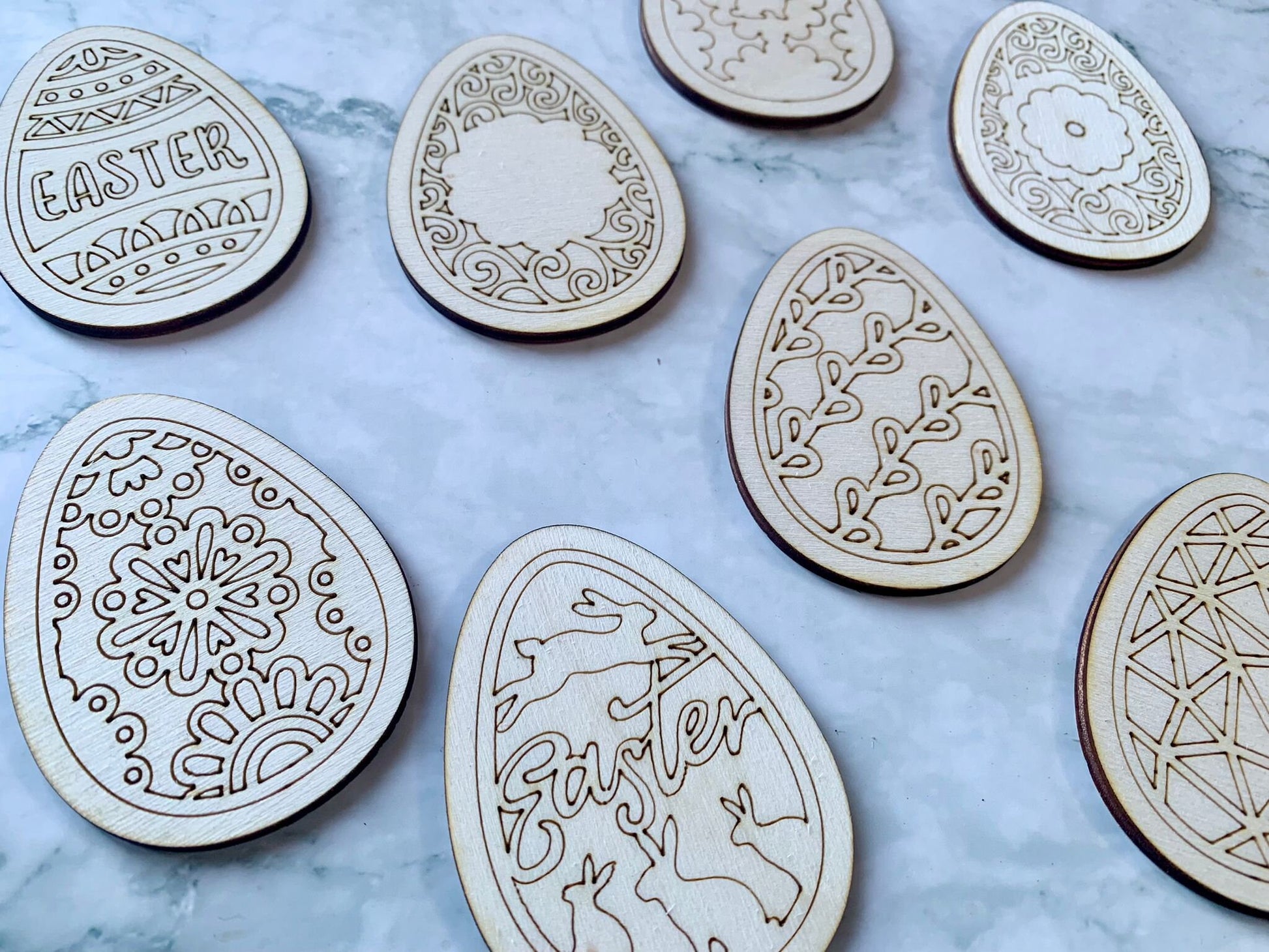 Resplendent Aurora | Engraved Wooden Easter Egg Tokens, Colour In Tokens, Easter Egg Hunt Tokens, set of 8