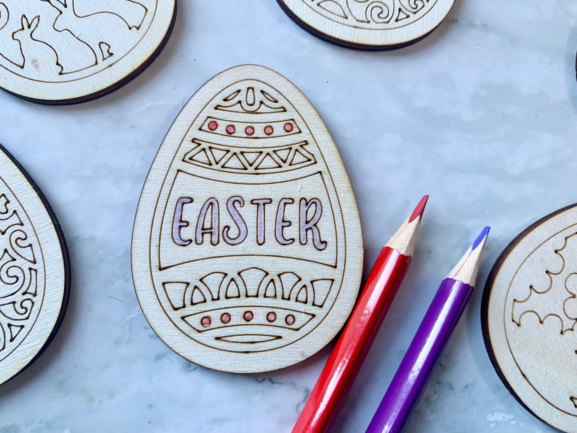 Resplendent Aurora | Engraved Wooden Easter Egg Tokens, Colour In Tokens, Easter Egg Hunt Tokens, set of 8