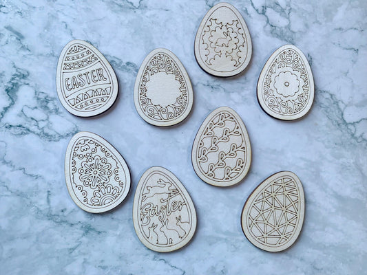 Resplendent Aurora | Engraved Wooden Easter Egg Tokens, Colour In Tokens, Easter Egg Hunt Tokens, set of 8