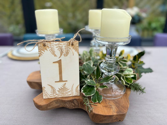Engraved Wooden Table Number Signs with Ferns, Wedding Table Names, Table Signs, Rustic Wedding, Wedding Decor, Wedding Table - Resplendent Aurora
