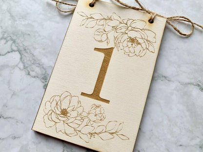 Engraved Wooden Table Number Signs with Peonies, Wedding Table Names, Table Signs, Rustic Wedding, Wedding Decor, Wedding Table, Flowers - Resplendent Aurora