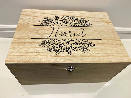 Large Personalised Engraved Floral Wooden Name Keepsake Box with Roses - Resplendent Aurora