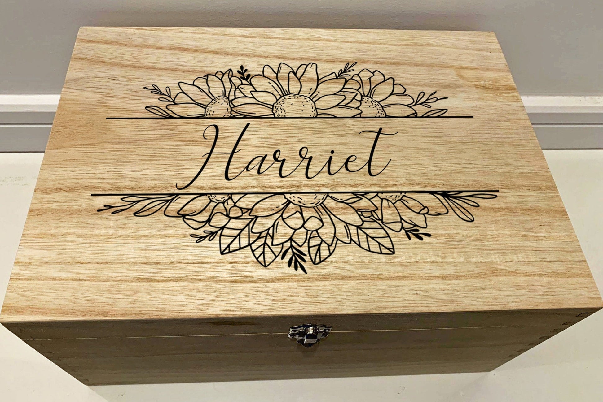 Large Personalised Engraved Floral Wooden Name Keepsake Box with Sunflowers - Resplendent Aurora