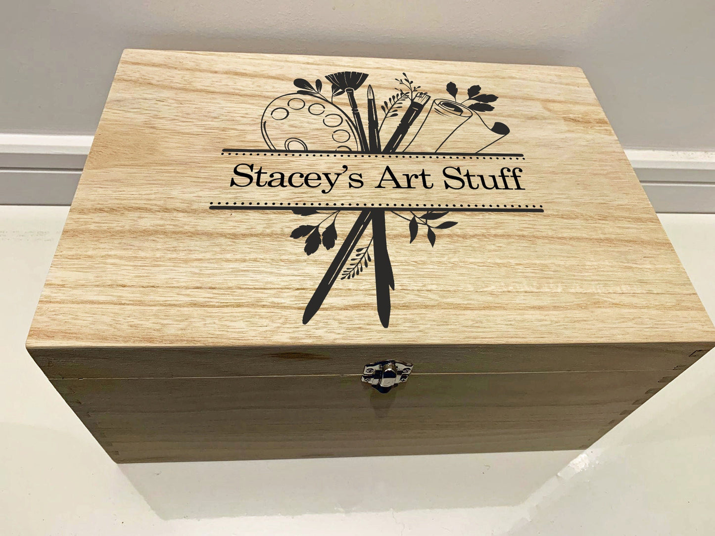 Large Personalised Engraved Wooden Art Box with Paintbrush and Palette design - Resplendent Aurora