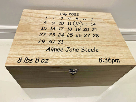 Large Personalised Engraved Wooden Baby Calendar Keepsake Box - Resplendent Aurora
