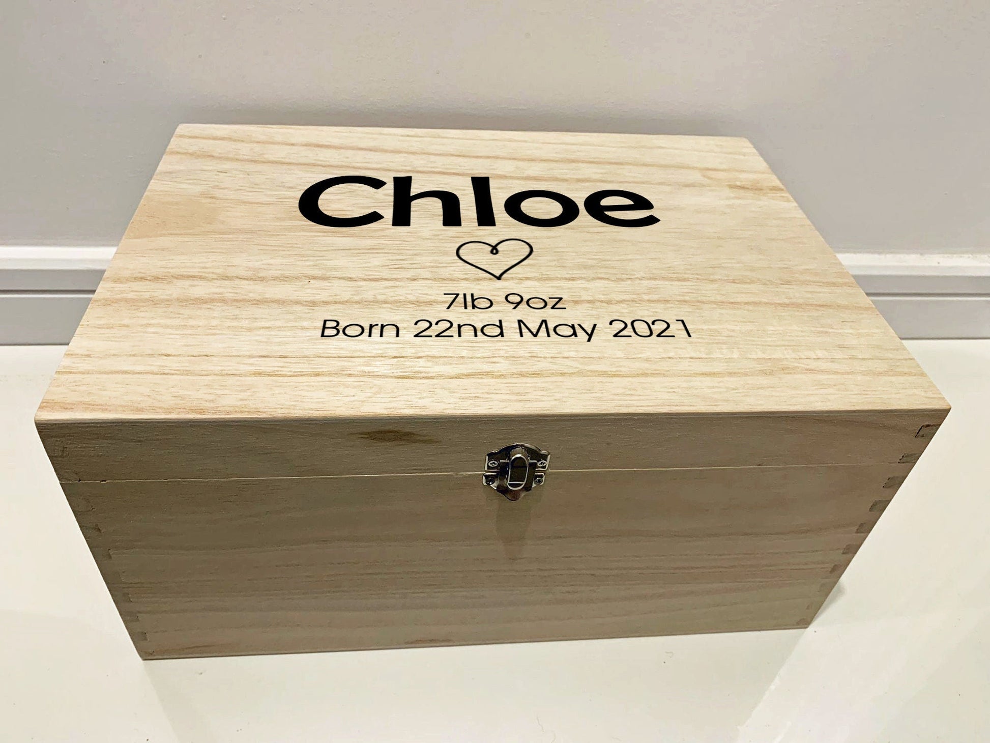 Large Personalised Engraved Wooden Baby Initial Keepsake Box with Heart - Resplendent Aurora