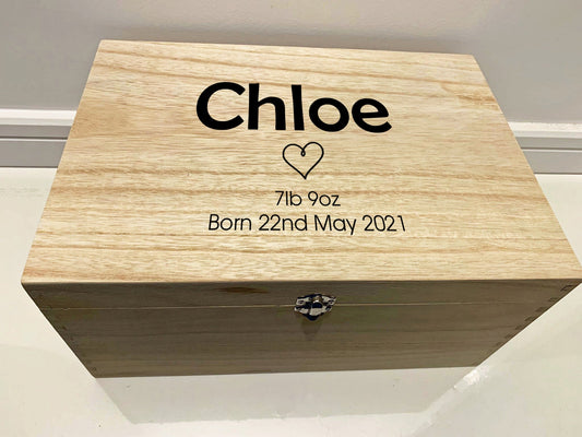 Large Personalised Engraved Wooden Baby Initial Keepsake Box with Heart - Resplendent Aurora