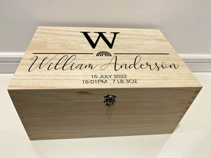 Large Personalised Engraved Wooden Baby Initial Keepsake Box with Rainbow - Resplendent Aurora