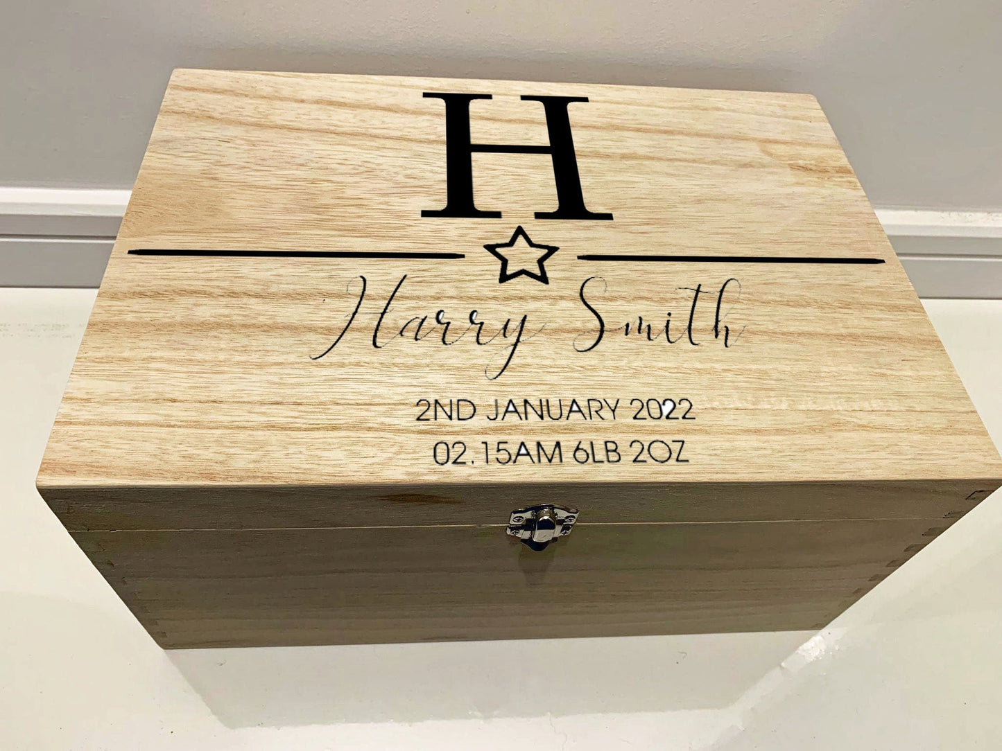 Large Personalised Engraved Wooden Baby Initial Keepsake Box with Stars - Resplendent Aurora