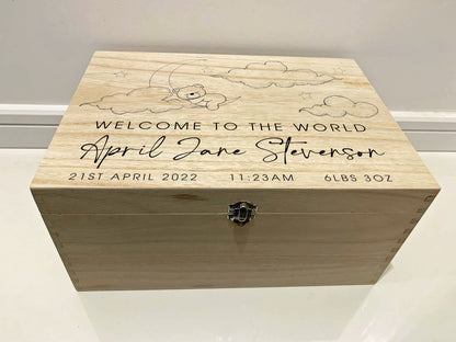 Large Personalised Engraved Wooden Baby Keepsake Box, Baby Bear in the Clouds, Welcome to the World - Resplendent Aurora