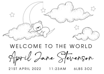 Large Personalised Engraved Wooden Baby Keepsake Box, Baby Bear in the Clouds, Welcome to the World - Resplendent Aurora