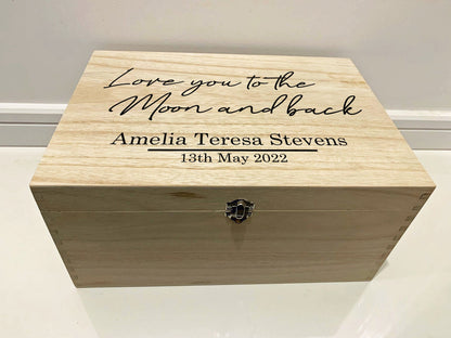 Large Personalised Engraved Wooden Baby Keepsake Box, Love you to the Moon and back - Resplendent Aurora