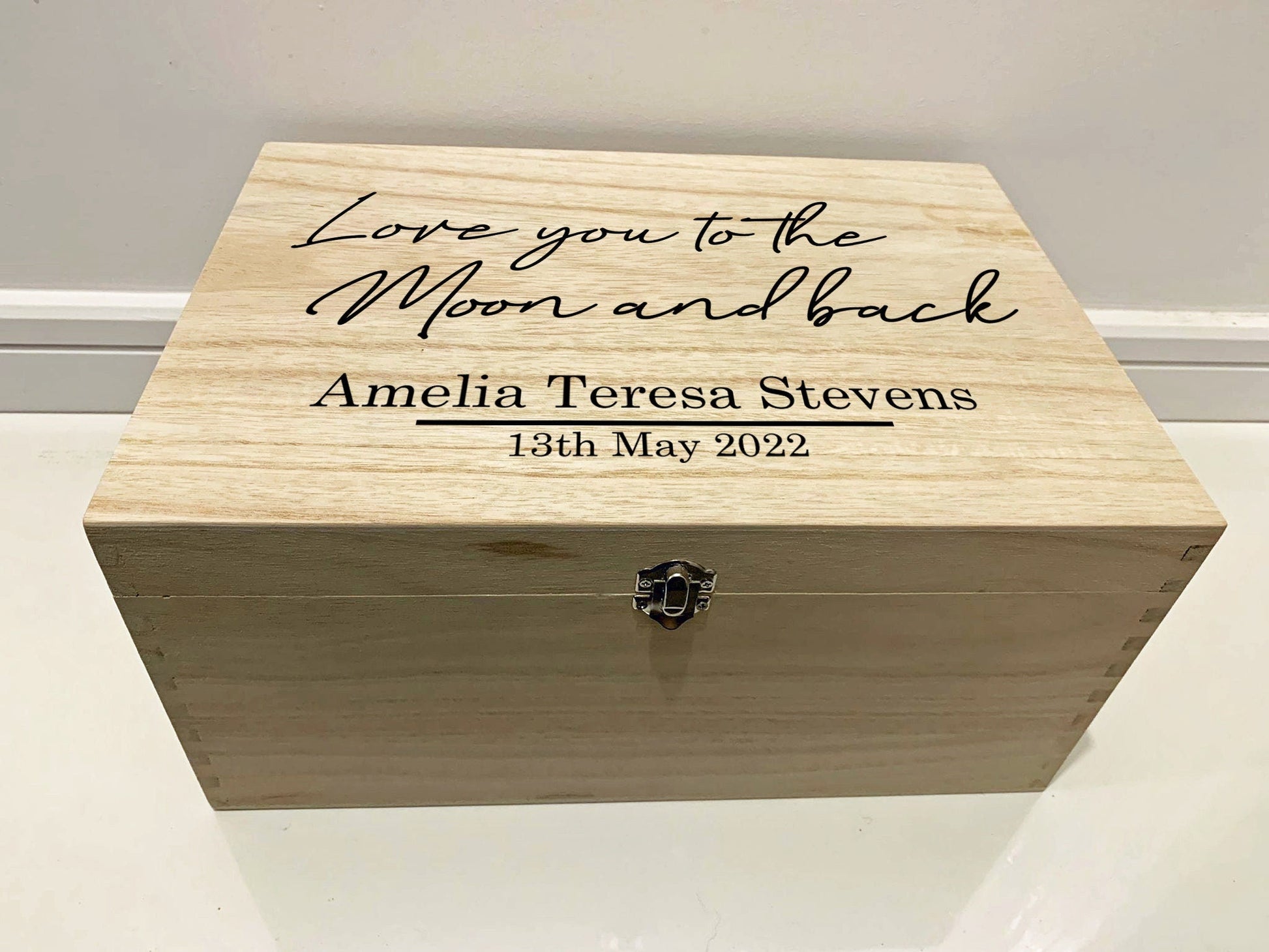 Large Personalised Engraved Wooden Baby Keepsake Box, Love you to the Moon and back - Resplendent Aurora