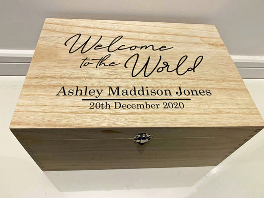 Large Personalised Engraved Wooden Baby Keepsake Box, Welcome to the World - Resplendent Aurora