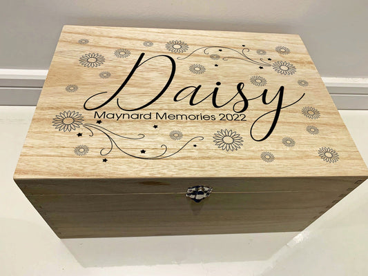 Large Personalised Engraved Wooden Baby Keepsake Box with Daisies and Stars - Resplendent Aurora