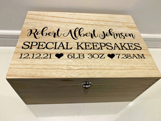 Large Personalised Engraved Wooden Baby Keepsake Box with Hearts - Resplendent Aurora