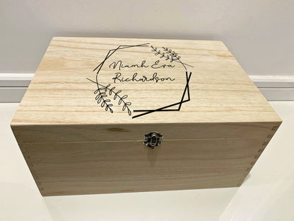 Large Personalised Engraved Wooden Baby Keepsake Box with Hexagon and Flowers - Resplendent Aurora