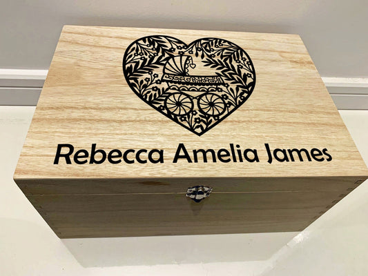 Large Personalised Engraved Wooden Baby Keepsake Box with Pram and Heart - Resplendent Aurora