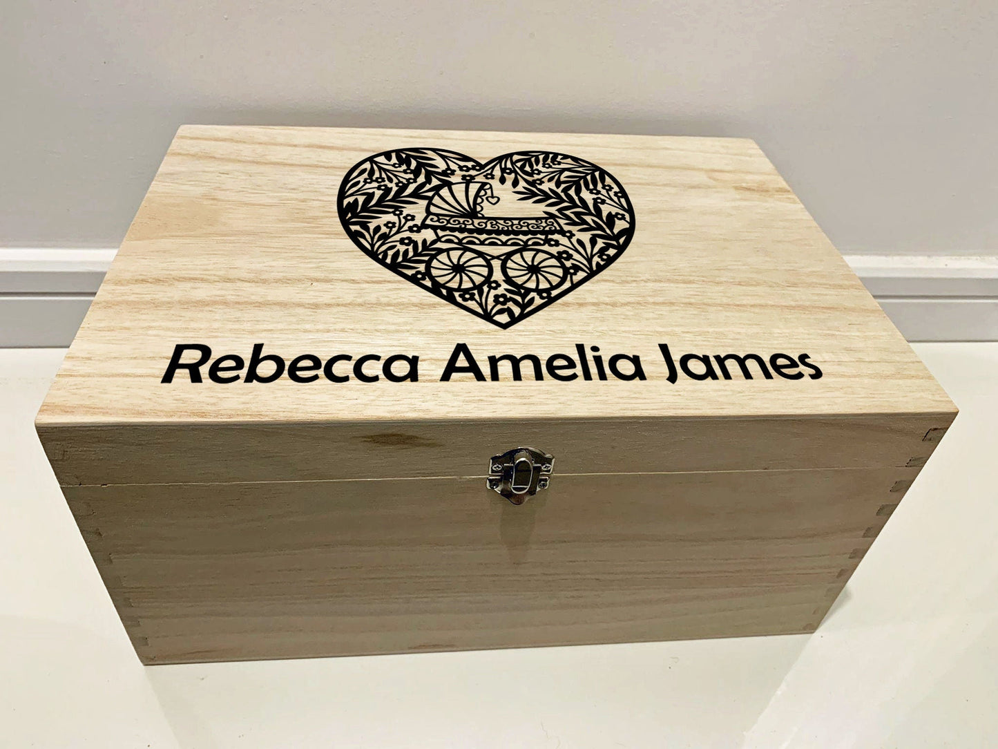 Large Personalised Engraved Wooden Baby Keepsake Box with Pram and Heart - Resplendent Aurora