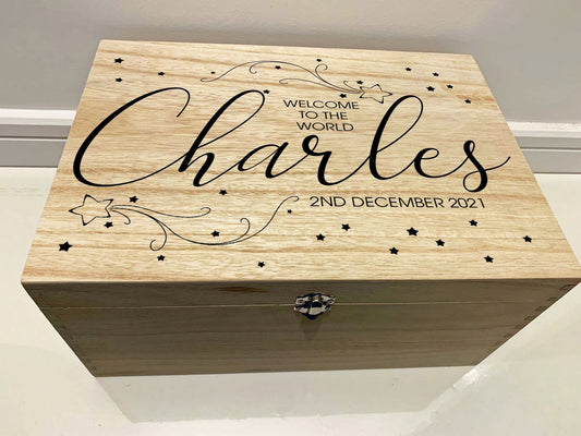 Large Personalised Engraved Wooden Baby Keepsake Box with Shooting Stars - Resplendent Aurora