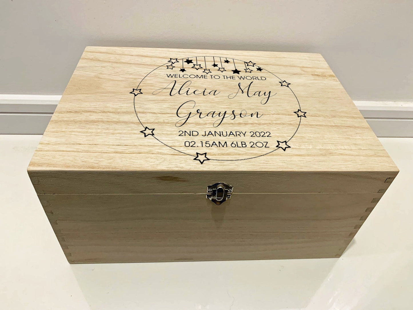Large Personalised Engraved Wooden Baby Keepsake Box with Stars - Resplendent Aurora
