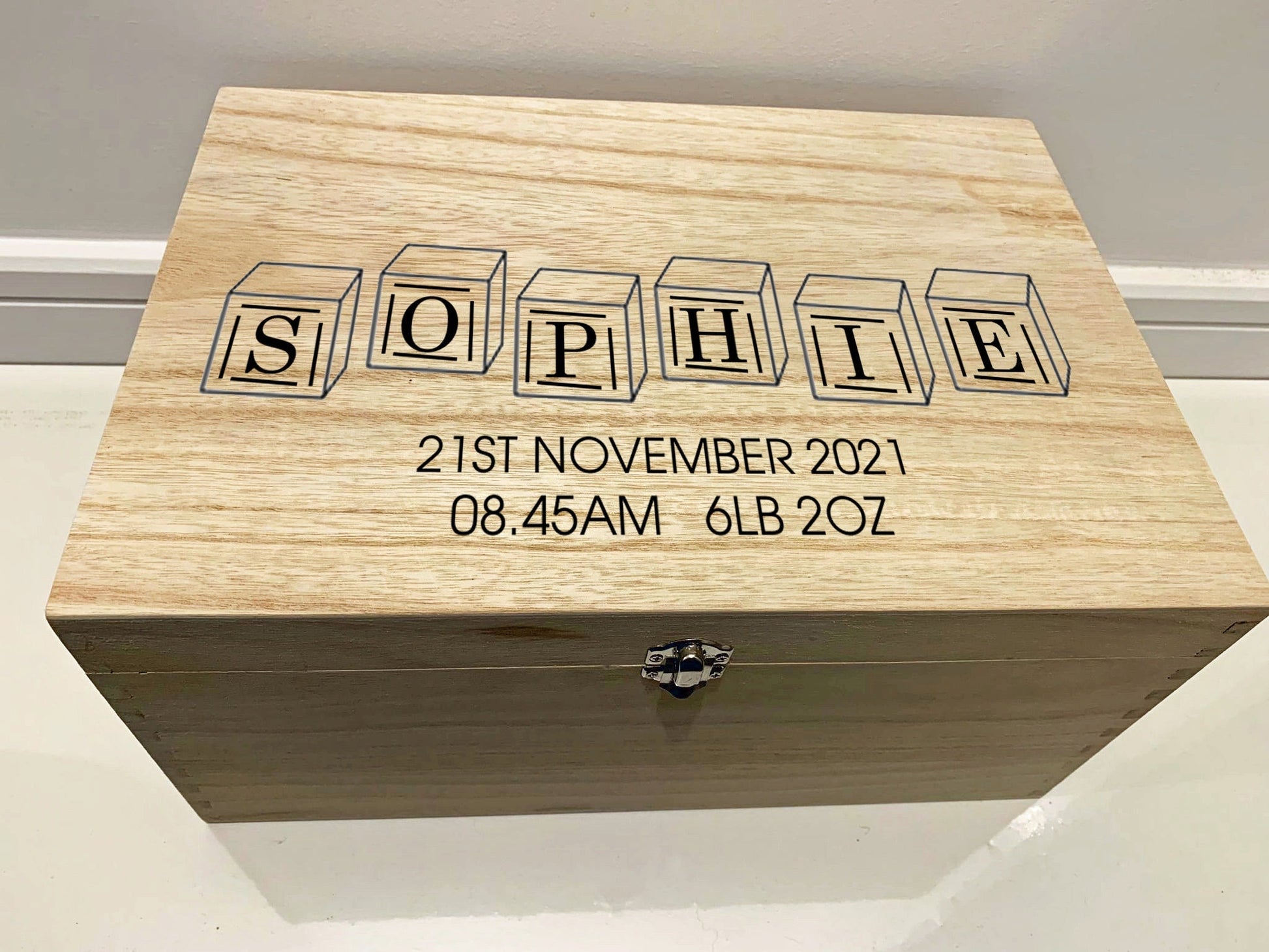 Large Personalised Engraved Wooden Baby Keepsake Box with Toy Bricks - Resplendent Aurora