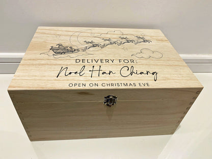 Large Personalised Engraved Wooden Christmas Eve Gift Box, Keepsake Box with Santa and Reindeer - Resplendent Aurora