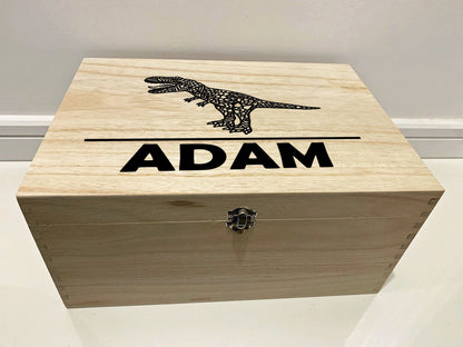 Large Personalised Engraved Wooden Dinosaur Keepsake Box with T Rex, Stegosaurus or Triceratops - Resplendent Aurora