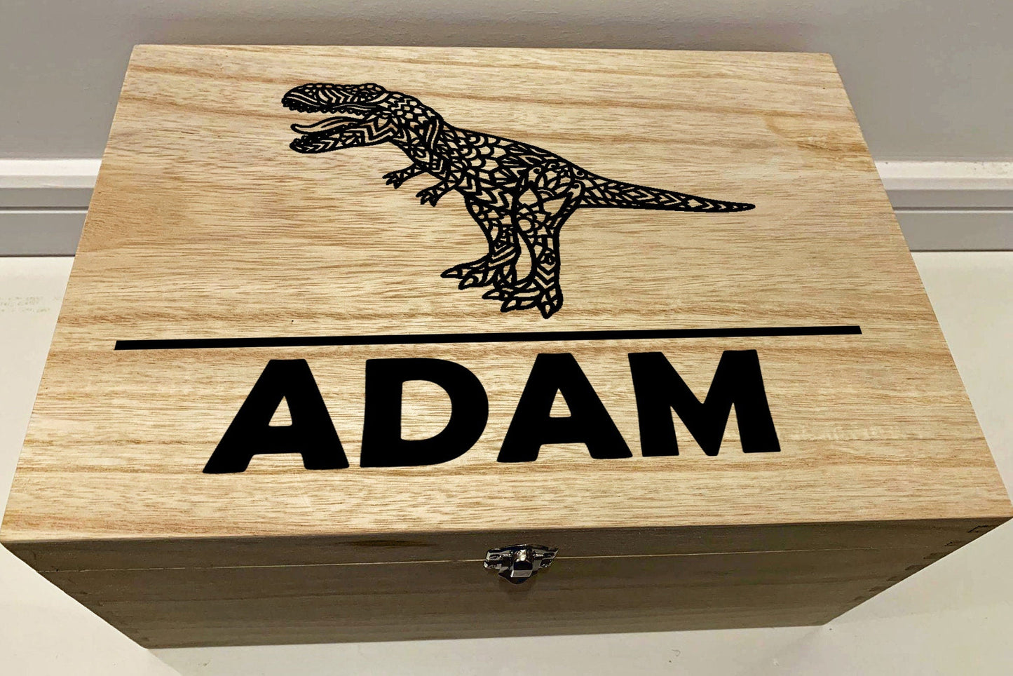 Large Personalised Engraved Wooden Dinosaur Keepsake Box with T Rex, Stegosaurus or Triceratops - Resplendent Aurora