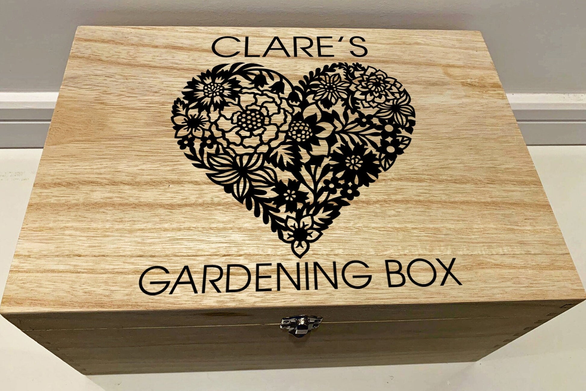 Large Personalised Engraved Wooden Floral Gardening Box with Flower Heart - Resplendent Aurora