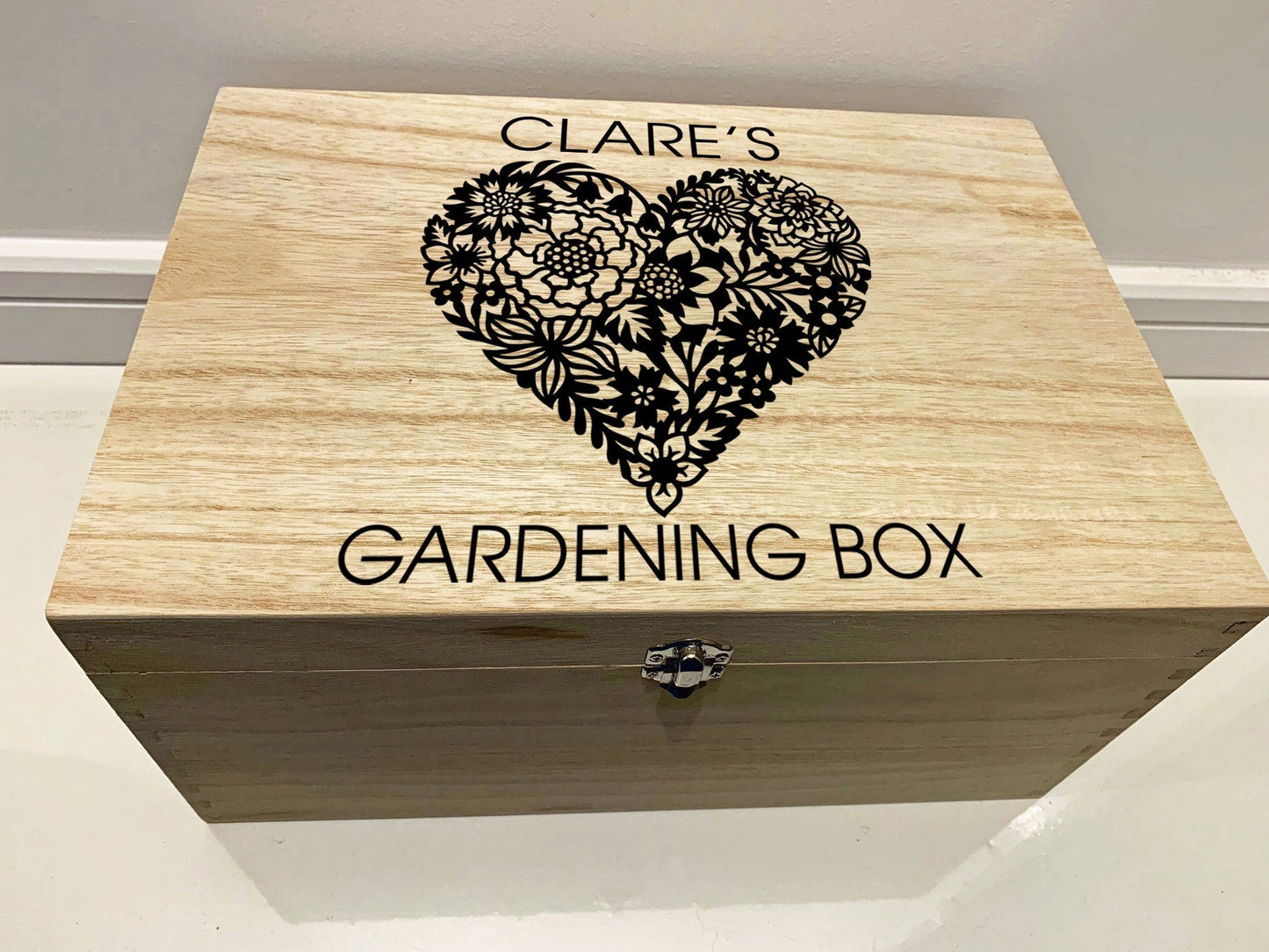 Large Personalised Engraved Wooden Floral Gardening Box with Flower Heart - Resplendent Aurora