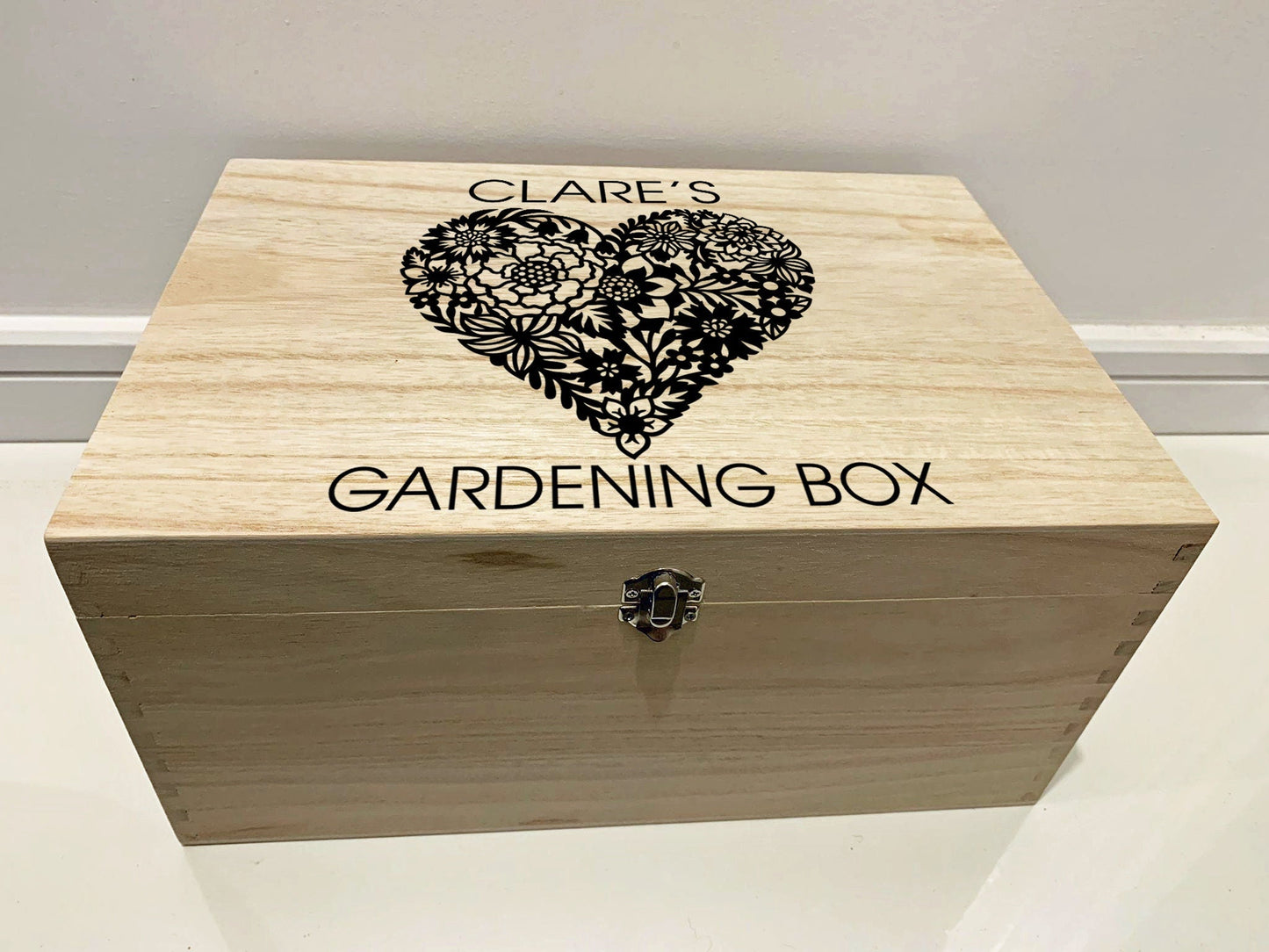 Large Personalised Engraved Wooden Floral Gardening Box with Flower Heart - Resplendent Aurora