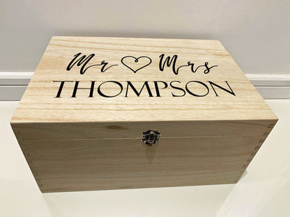 Large Personalised Engraved Wooden Mr and Mrs Keepsake Box with Heart - Resplendent Aurora