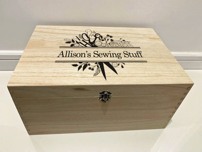 Large Personalised Engraved Wooden Sewing Box with Scissors, Needle and Thread design - Resplendent Aurora