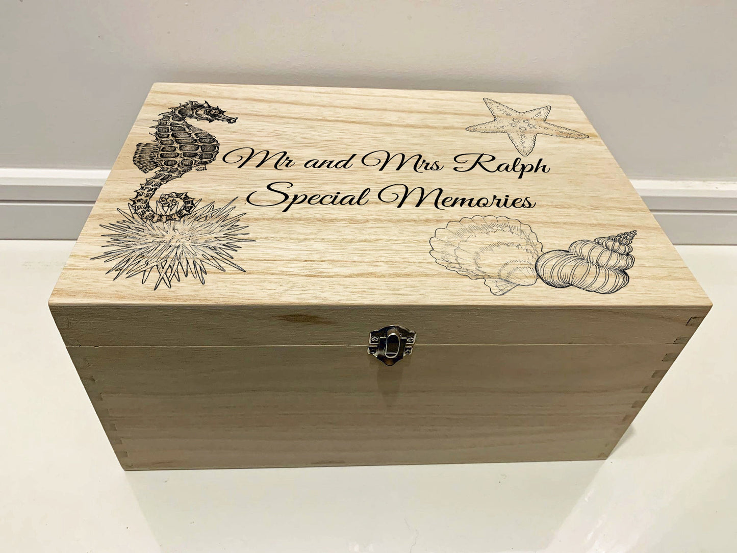 Resplendent Aurora | Personalised Wedding Keepsake Box with Seashells