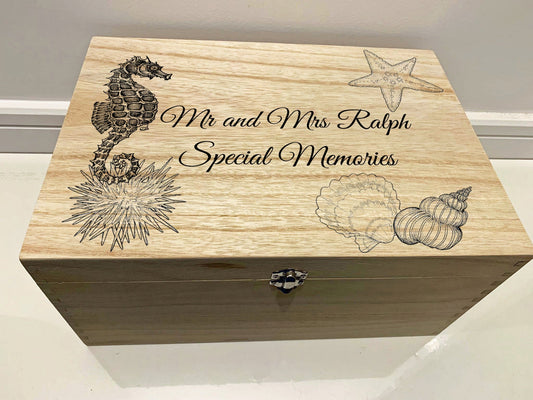 Large Personalised Engraved Wooden Wedding Memories Keepsake Box with Seashells - Resplendent Aurora