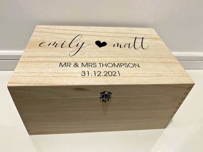 Large Personalised Engraved Wooden Wedding Memory Box with Heart - Resplendent Aurora